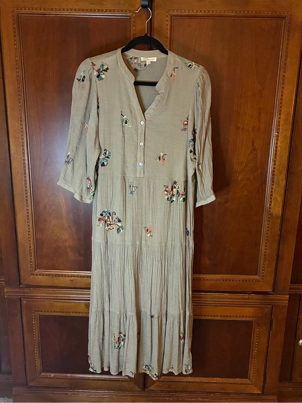 Fig + Flower XL Taupe Embroidered Boho Tiered Midi/Maxi Dress 3/4 Sleeve